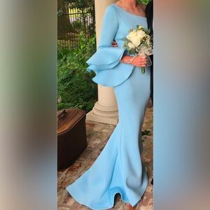 JOVANI Elegant Light Blue Mermaid Gown with Ruffle sleeve